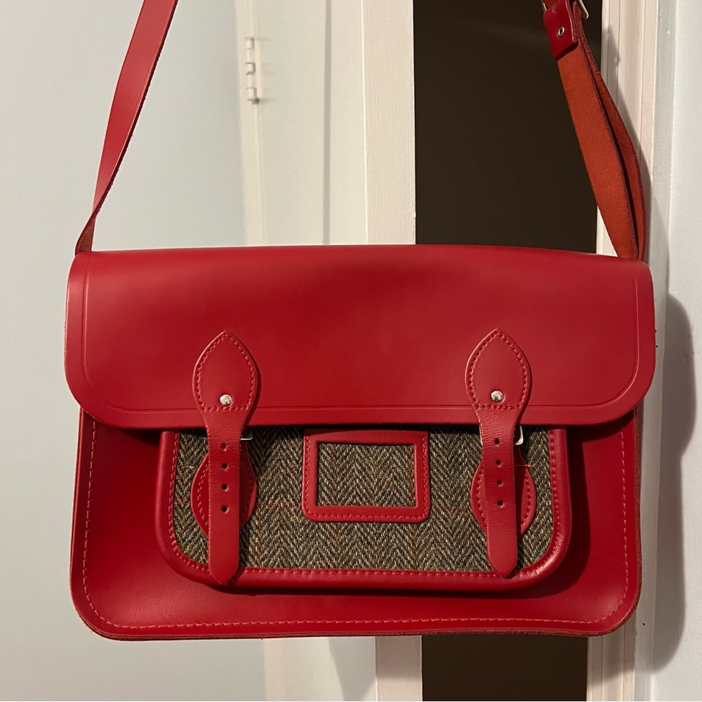 Cambridge Satchel Company Red Leather and Tweed 14 in. Bag